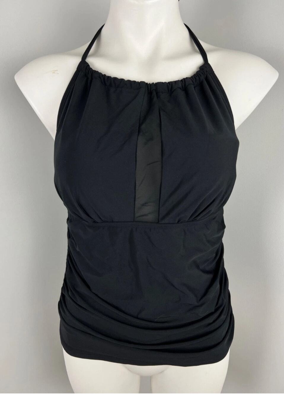 Calvin Klein Black Shirred Mesh Tankini Halter Top Swimsuit Top Stretch Large